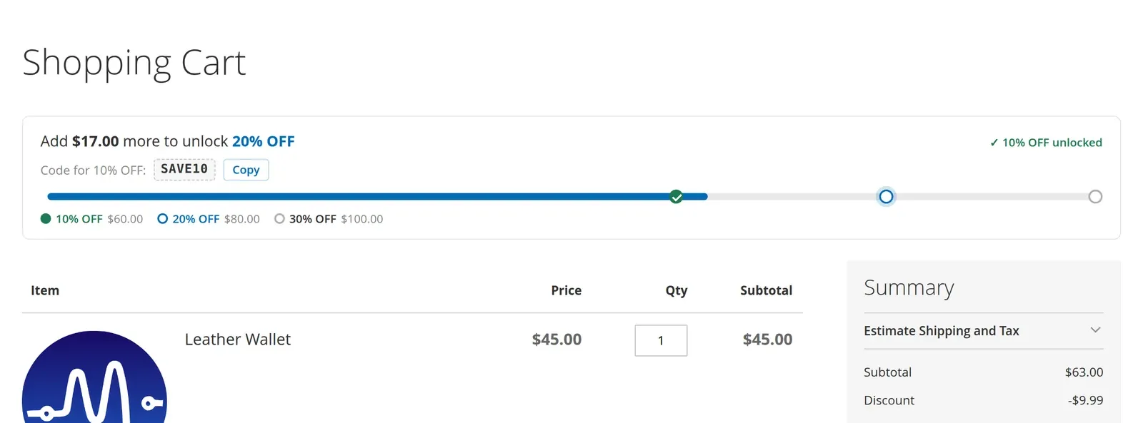 Luma cart page with the reward bar: Add $17.00 more to unlock 20% OFF, 10% OFF unlocked with code SAVE10 and a Copy button
