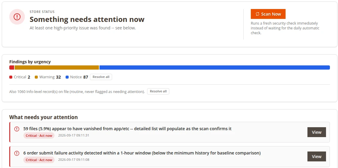 Store Guardian dashboard: store status 'Something needs attention now', findings by urgency (2 critical, 32 warning, 87 notice) and a list of what needs attention