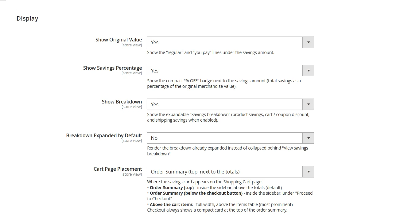 Admin configuration screen with display options: show original value, show savings percentage, show breakdown, cart page placement
