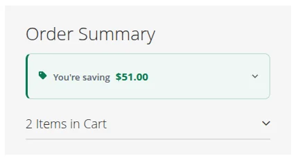 Checkout order summary with a compact 'You're saving $51.00' card at the top