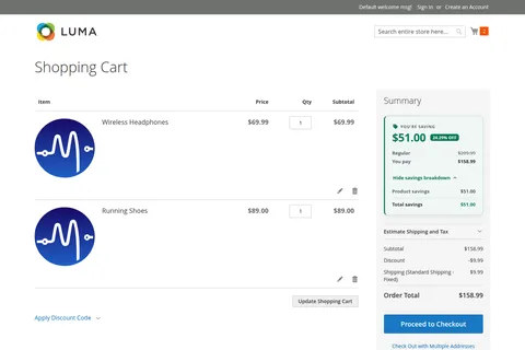 Luma cart: savings breakdown open