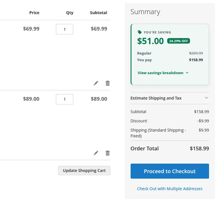 Luma cart page with the Total Savings card showing $51.00 saved, 24.29% off, regular price $209.99 and you pay $158.99